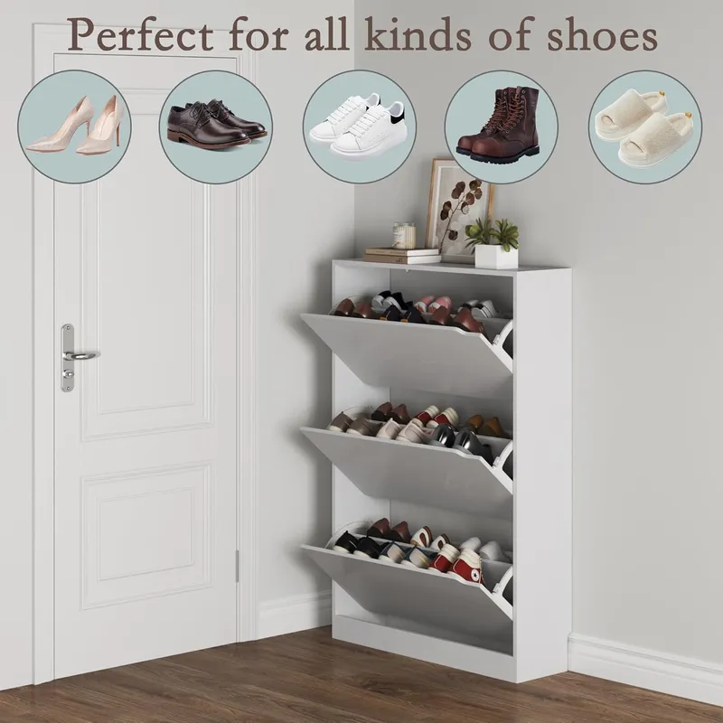 BORNOON Shoe Cabinet with 3 Flip Drawers, White